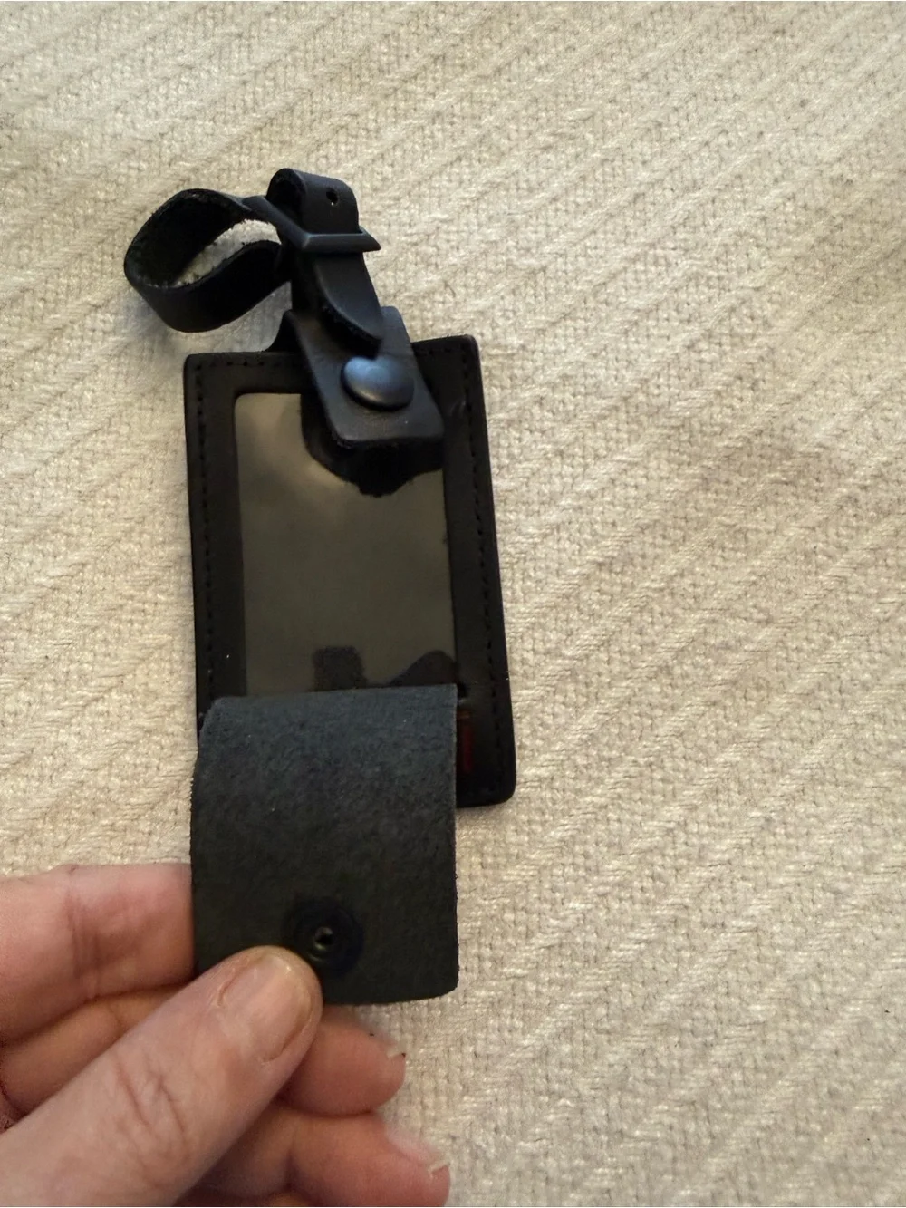 Tumi Black Leather Luggage Tag with Red Logo